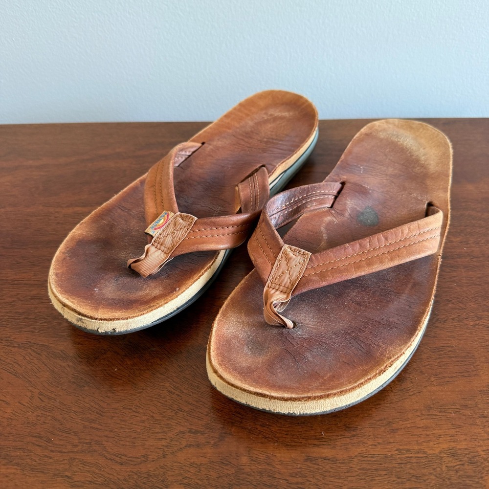 Rainbow Leather Flip Flops Men's Size 12 Brown Classic Sandals